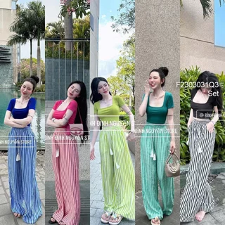 Set bộ 2 món áo dáng croptop tay con phối quần suông dài kẻ sọc! TOMBI SHOP