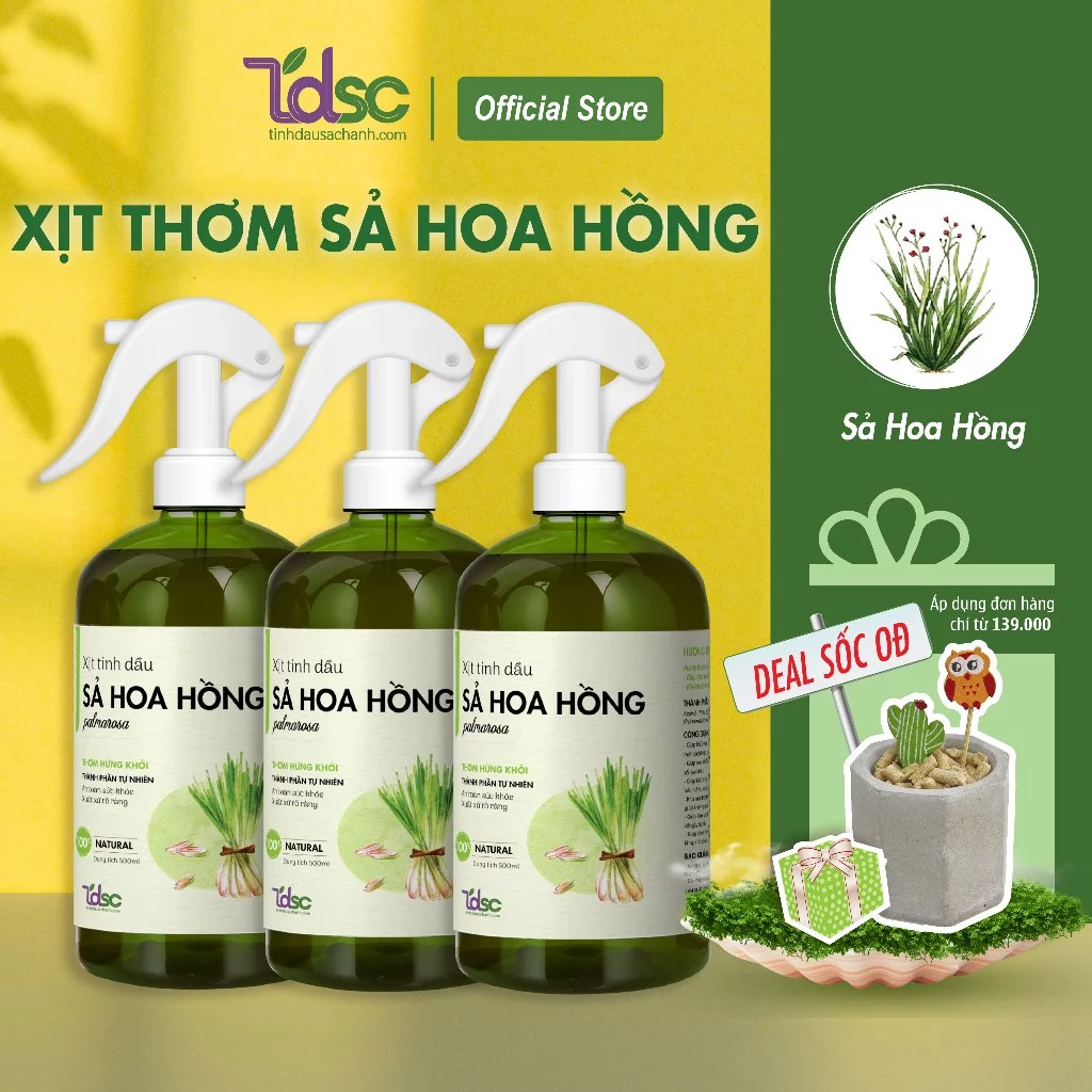 Chai Xịt Phòng Thơm Tinh Dầu Sả Hoa Hồng Nguyên Chất TINHDAUSACHANH 100ml/500ml Xịt Thơm Phòng Dịu Nhẹ