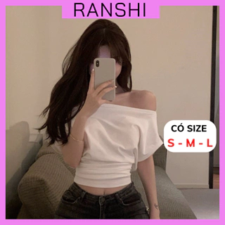 [CÓ SIZE] Áo Croptop Tay Ngắn Trễ Vai Cánh Dơi RANSHI Phối Nhún Eo Hack Dáng Siêu Xinh Chất Thun Cotton Mềm Mại - RA212