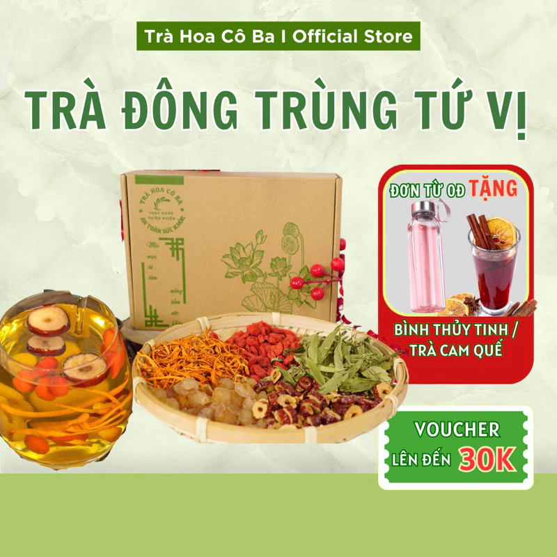 Trà Đông Trùng Tứ Vị, Kỷ Tử, Long Nhãn, Táo Đỏ, Nấm Đông Trùng Trà Thảo Mộc Giúp Ngủ Ngon, Giải Độc, Trà Hoa cô Ba