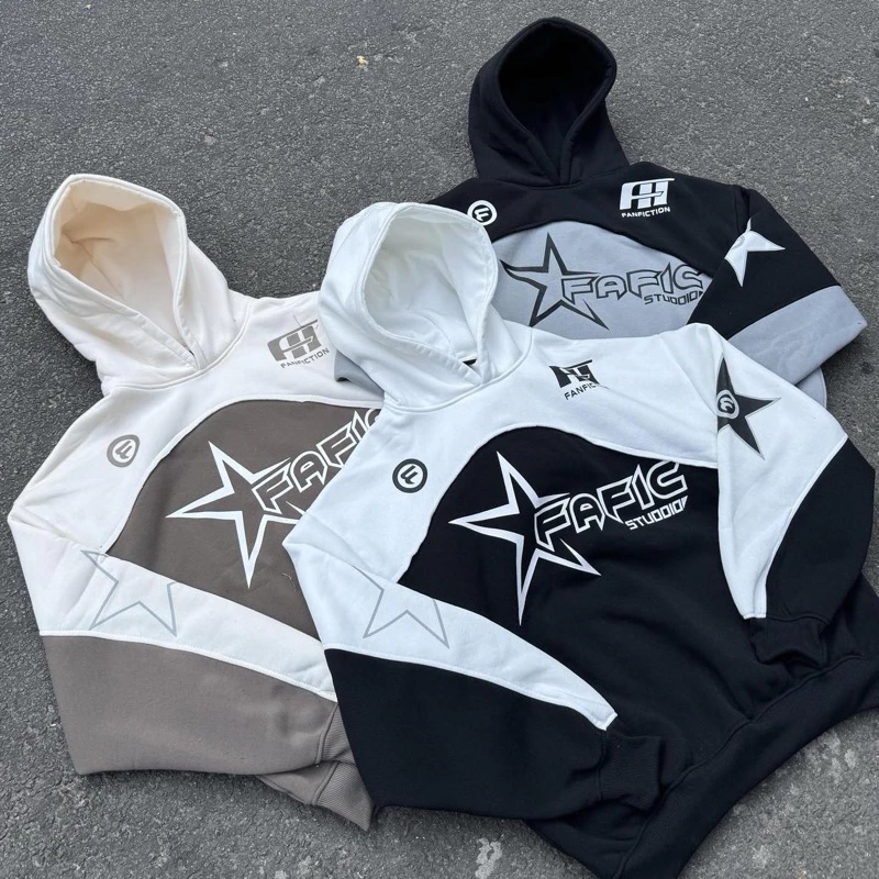 Áo khoác hoodie STAR  phối FAFIC chất nỉ bông 380gsm dáng boxy nón to