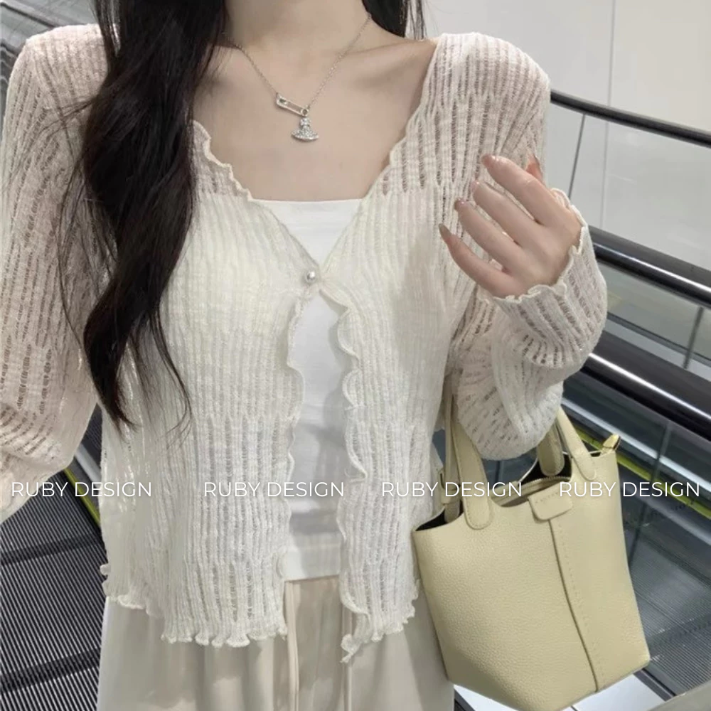 Áo khoác len nữ , áo khoác nữ cardigan dệt kim mỏng dáng croptop CÀI KHUY màu đen trắng be PC Hàn quốc - RUBY DESIGN