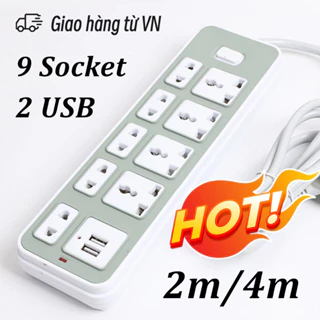 Ổ Cắm Điện Power Strip 2 USB, 5 plugs, 9 universal socket wire long 2/4 meters - Hàng Chính Hãng