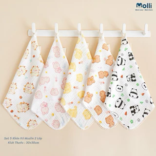 Hộp 5 khăn sữa muslin Molli cao cấp khổ 30x30cm