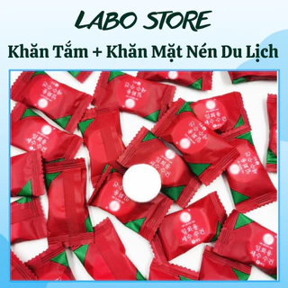 Combo khăn tắm + khăn mặt 100% cotton dạng nén viên kẹo mini dùng một lần hình vuông đi du lịch, công tác tiện lợi.