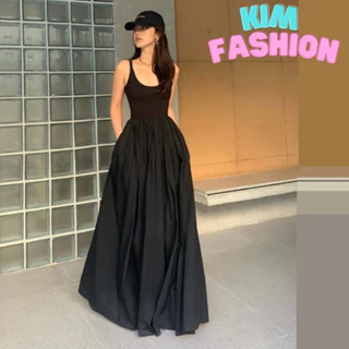 Đầm maxi 2 dây siêu hách dáng thiết kế có khoá kéo cá tính Kim Fashion, Đầm dáng xoè chất thun co giãn siêu xinh