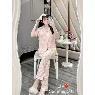 bộ đồ mặc nhà pijama KẺ CARO CD áo ngắn tay quần dài chất đũi lạnh 42kg-60kg b1