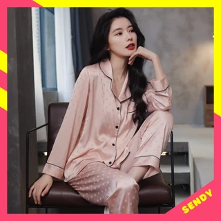 Đồ Bộ Nữ - Đồ Mặc Nhà Dài Tay Vải Pijama Lụa Nhiều Màu Trơn Họa Tiết Chấm Bi Sang Trọng DDLP15