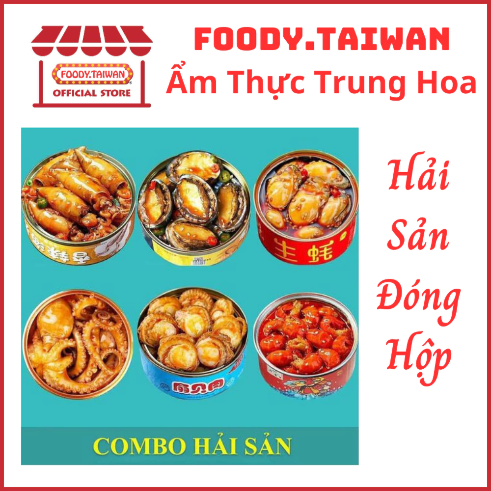 Bào Ngư-Tôm Hùm Đất-Hàu Sữa-Mực Trứng-Sò Điệp-Bạch Tuộc-Ốc Giác - Hải Sản Đóng Hộp Tứ Xuyên - Hộp 100gr - foody.taiwan