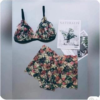 Bộ đồ lót nữ quần đùi họa tiết hoa lá với thiết kế của nhà MINLINGERIE  với chất liệu ren co giãn