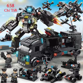 658 Chi Tiết - Bộ đồ chơi lắp ghép xe swat cảnh sát , lắp ráp xe cảnh sát swat,máy bay - Mô hình robot biến hình