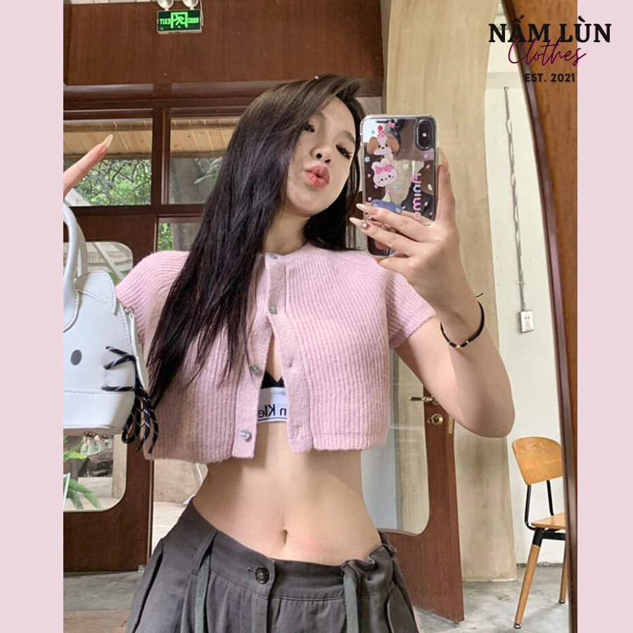 Áo len nữ màu hồng Áo cardigan Nấm Lùn Clothes Áo ngắn tay Áo croptop nữ phong cách basic A025