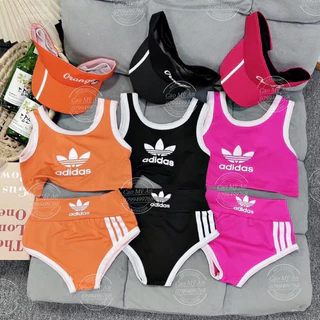 Đồ bơi cho bé, set 3ct Bikini 3 sọc kèm mũ nửa đầu cho bé gái 10-30kg