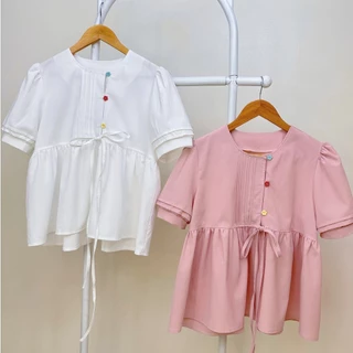 Áo sơ mi kiểu nữ chất đũi lì babydoll cách điệu ngắn tay buộc nơ 4 màu Hàn Quốc Kozoda SM285