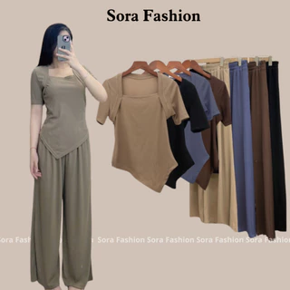 Set Bộ Nữ Bigsize Áo Cổ Vuông Kèm Quần Culottes Sora Fashion,Set Bộ Đồ Nữ Bigsize Áo Vạt Chéo Chất Liệu Thun Tăm 135