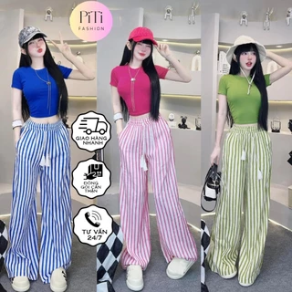 [MẪU HOT] Set bộ nữ áo thun croptop trơn tay ngắn, phối quần đũi ống suông sọc thời trang cho các nàng đi chơi