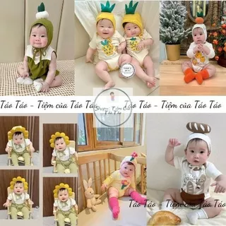 (HÀNG CÓ SẴN ) Bộ bodysuit cover ikii các loại HOA QUẢ kèm mũ tặng tất trắng cho bé sơ sinh, bé trai, bé gái HÀN QUỐC