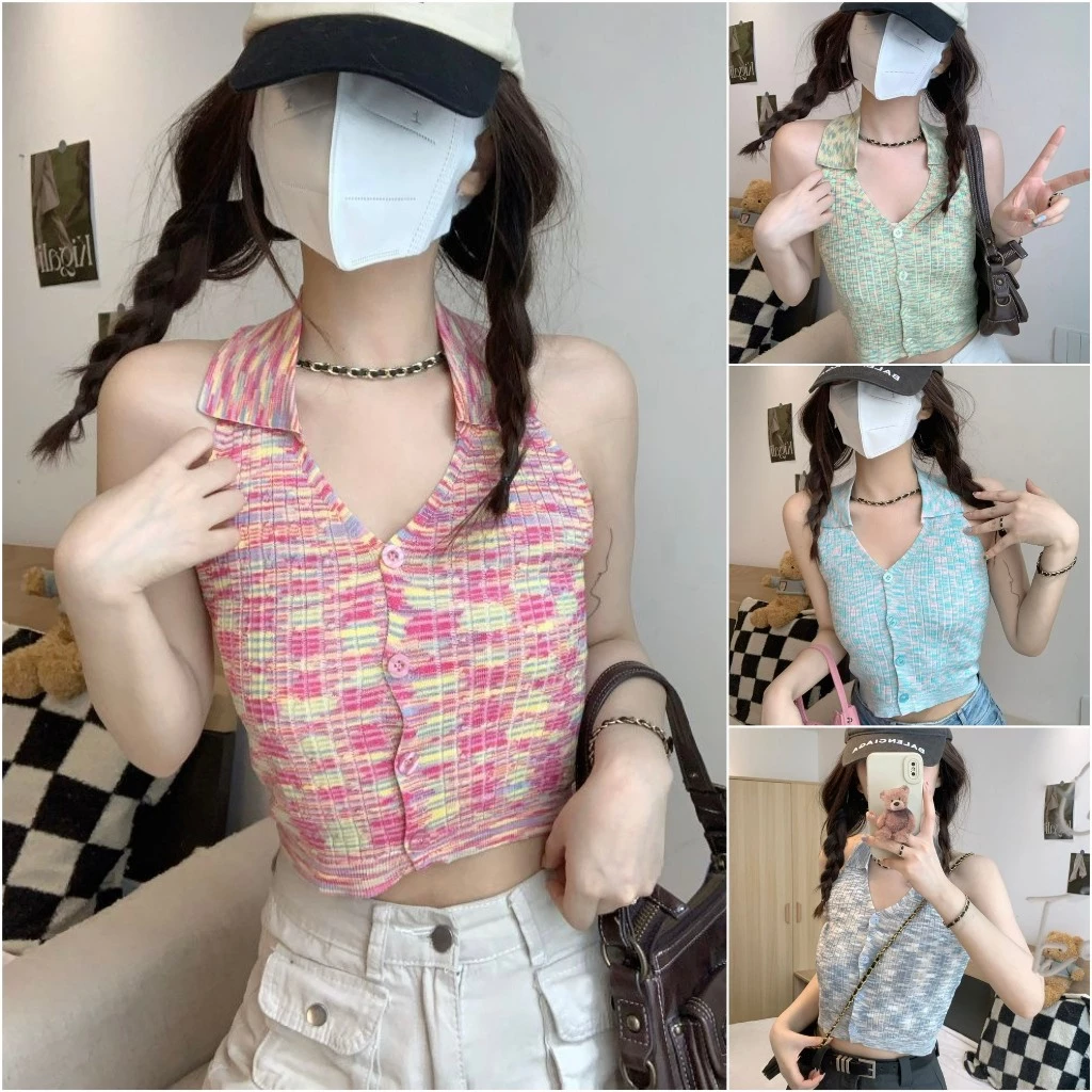 Áo yếm len ba lỗ nữ kiểu cổ polo croptop Áo sát nách dáng ôm body hàng dệt kim đẹp phong cách ulzzang Hàn Quốc