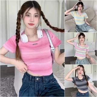 Áo thun dệt kim nữ tay ngắn cổ vuông dáng ôm croptop kiểu kẻ ngang phối màu ngũ sắc len mongtoghi mỏng trẻ trung