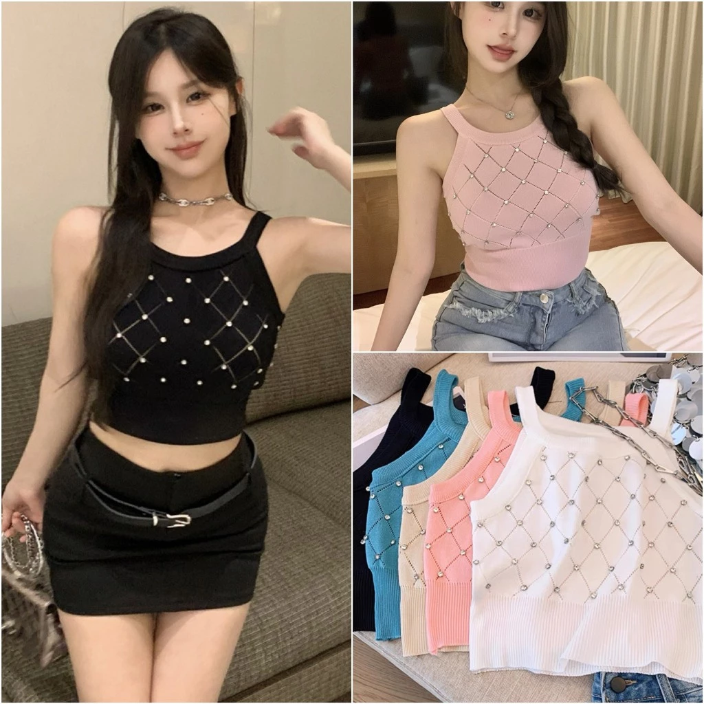 Áo yếm len đính đá ba lỗ nữ croptop kiểu cổ tròn Áo sát nách dáng ôm body hàng dệt kim đẹp Quảng Châu cao cấp