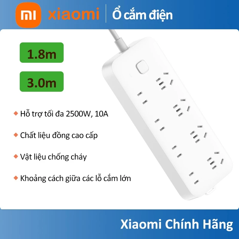 Ổ cắm điện đa năng trung quốc Xiaomi 8 cổng đa năng, 1.8m/3m,2500W max,phù hợp mọi không gian