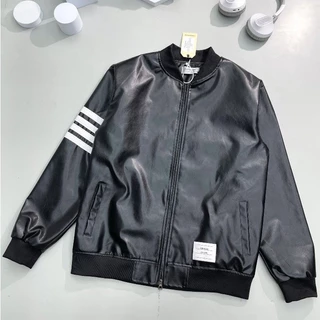 Áo Khoác Da Nam Nữ TB Bomber Jacket Thêu 4 Sọc Trắng Tay Lót Gió Bo Chun Dày Dặn Cực Chất Cao Cấp Dài Tay Đen