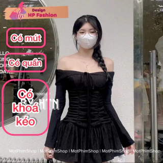 Váy trễ vai dài tay body nhúm eo HP FASHIONTREND đầm bẹt vai nữ dáng ngắn màu đen trắng không mút tiệc sang chảnh G623