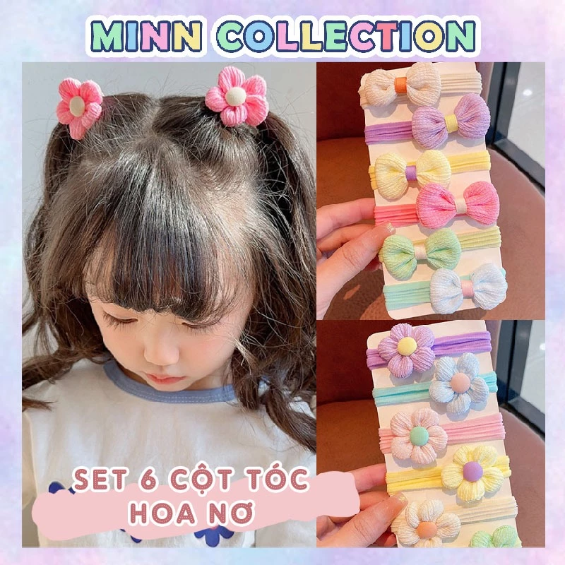 Set 6 cột tóc hoa nơ màu pastel dễ thương nhiều màu cho bé gái, thun cột tóc nữ đẹp hottrend Minn Collection