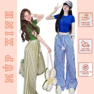 Set bộ nữ bigsize 50-80kg áo thun croptop phối quần dài kẻ sọc ống suông tôn dáng