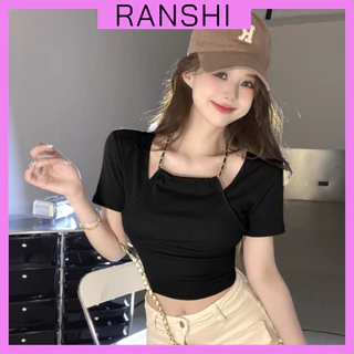 Áo Croptop Tay Ngắn RANSHI Phối Dây Xích Hack Eo Siêu Xinh Chất Thun Cotton Mềm Mại Co Giãn Tốt - RA213