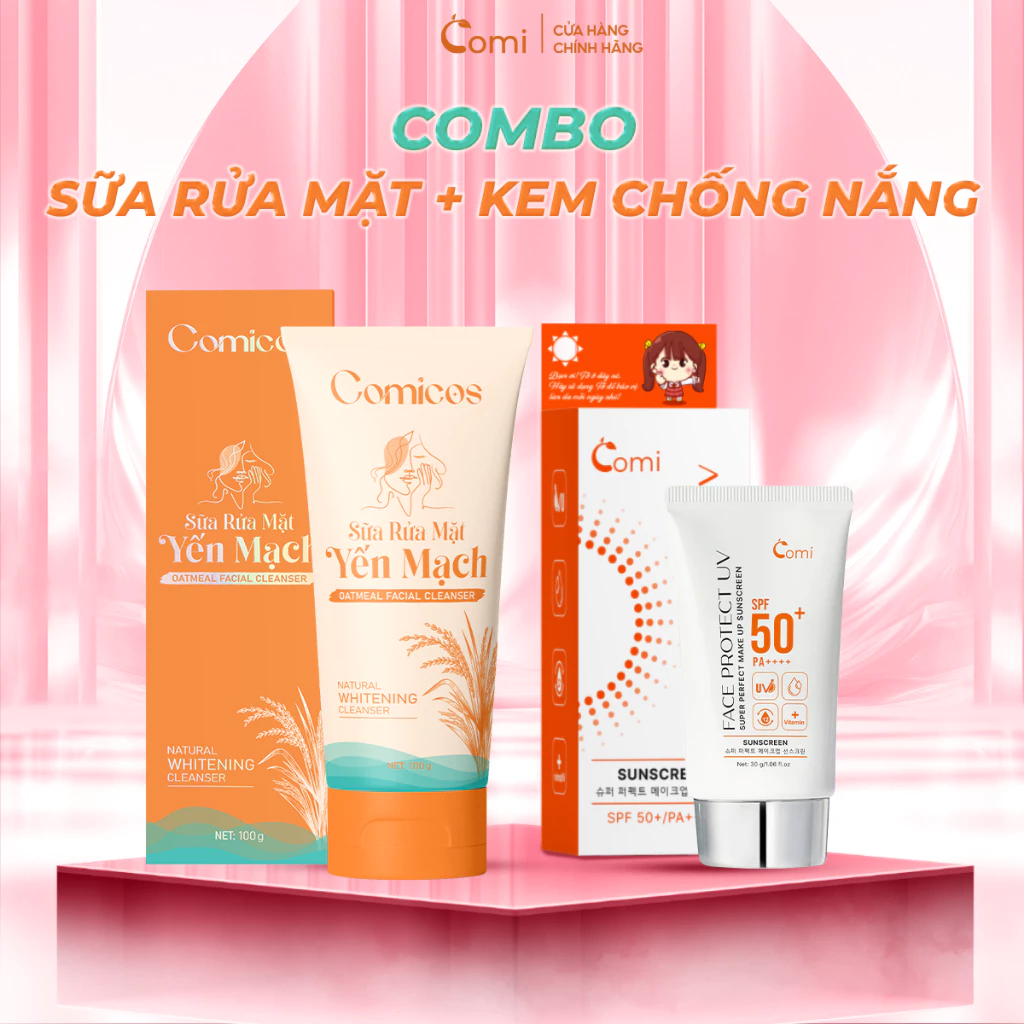 (Chính Hãng) ComBo Sữa rửa mặt + kem chống nắng Comi giảm mụn sạch sâu, chống tia UV