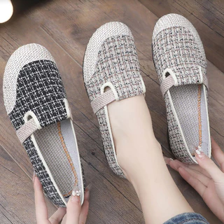 Giầy lười nữ vải đẹp đi bộ êm chân, giầy slip on vải đế mềm, giầy vintage họa tiết đẹp vuajay V369