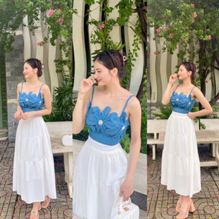 SET ÁO JEAN HOA CHÂN VÁY TRẮNG - SHOP LINH TRANG BOUTIQUE