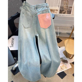 Quần jeans nữ lưng cao tôn dáng túi hồng