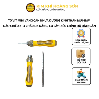 Tô vít mini vàng cán nhựa đường kính thân mũi 4mm đảo chiều 2-4 chấu, có lẫy điều chỉnh độ dài ngắn