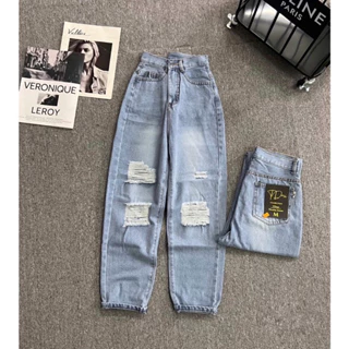 [Bigsize 55kg-88kg] Quần Baggy Jean Xanh Đá Rách Tua Vuông  Lưng Cao Không Co Giãn