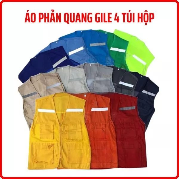 Áo gile bảo hộ lao động 4 túi hộp phản quang, Áo lao động nam vải kaki chống bụi bẩn, phối lưới nhiều màu