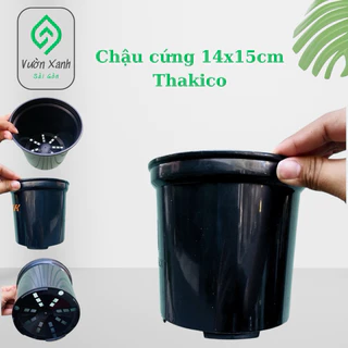 Chậu nhựa cứng 14x15 (cm) ĐEN, Chậu Thakico trồng cây thoát nước tốt !