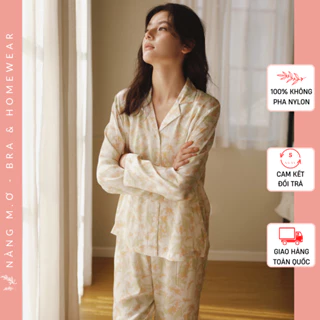 Bộ đồ mặc nhà pyjamas dài tay mềm mát viscose tự nhiên cao cấp họa tiết hoa lan