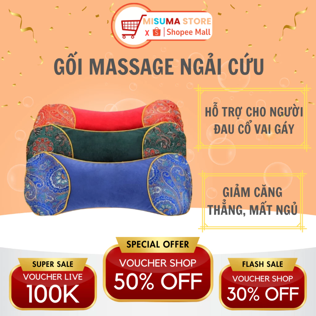 Gối ngải cứu MISUMA sưởi ấm bằng điện bảo vệ cột sống cổ vai gáy, gối ngủ chống giảm đau vai gáy massagea lưng