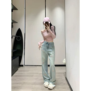 QUẦN JEANS ỐNG RỘNG THÊU MIU MIU