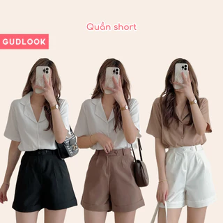 Quần Short Đùi Nữ Gập Gấu GUDLOOK Cạp Cao 2 Khuy Chất Tuyết Mưa