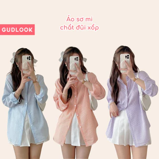 Áo Sơ Mi Nữ Dài Tay Kẻ Sọc GUDLOOK Form Rộng Mát Chất Đũi Xốp