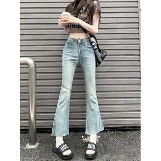 Quần jeans loe mài xanh bạc co dãn 4 chiều lưng siêu cao gấu cắt  rách gối cực hot