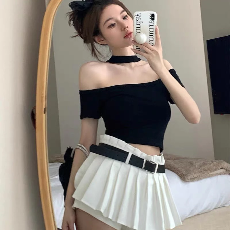 Áo thun kiểu trễ vai cổ lọ tay ngắn siêu cute form ôm chuẩn dáng cho nữ