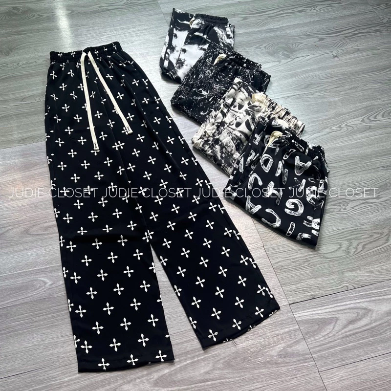 Quần Suông Lụa In Hoạ Tiết, Quần Dài Ống Rộng Cạp Chun Chất Lụa Hàn Cao Cấp Mềm Rủ Mát Lạnh JUDIE.Closet