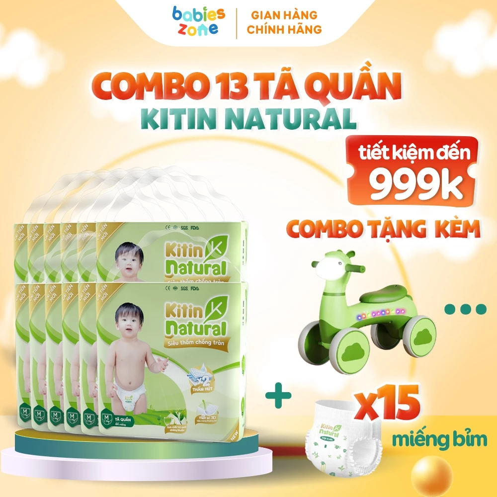 [13 BỊCH + XE CHÒI] Tã Bỉm Quần KITIN NATURAL đủ size thương hiệu Việt thấm hút tốt, chống tràn, siêu mềm mịn cho bé