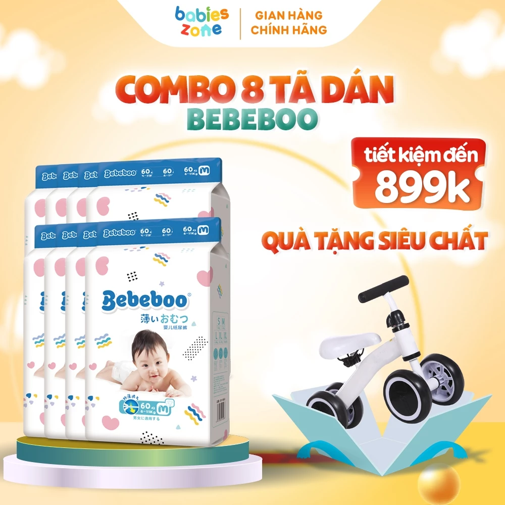 [8 BỊCH + TẶNG XE CHÒI] Tã Bỉm Dán BEBEBOO có đủ size thương hiệu Nhật - Khóa ẩm nhanh, siêu thấm hút