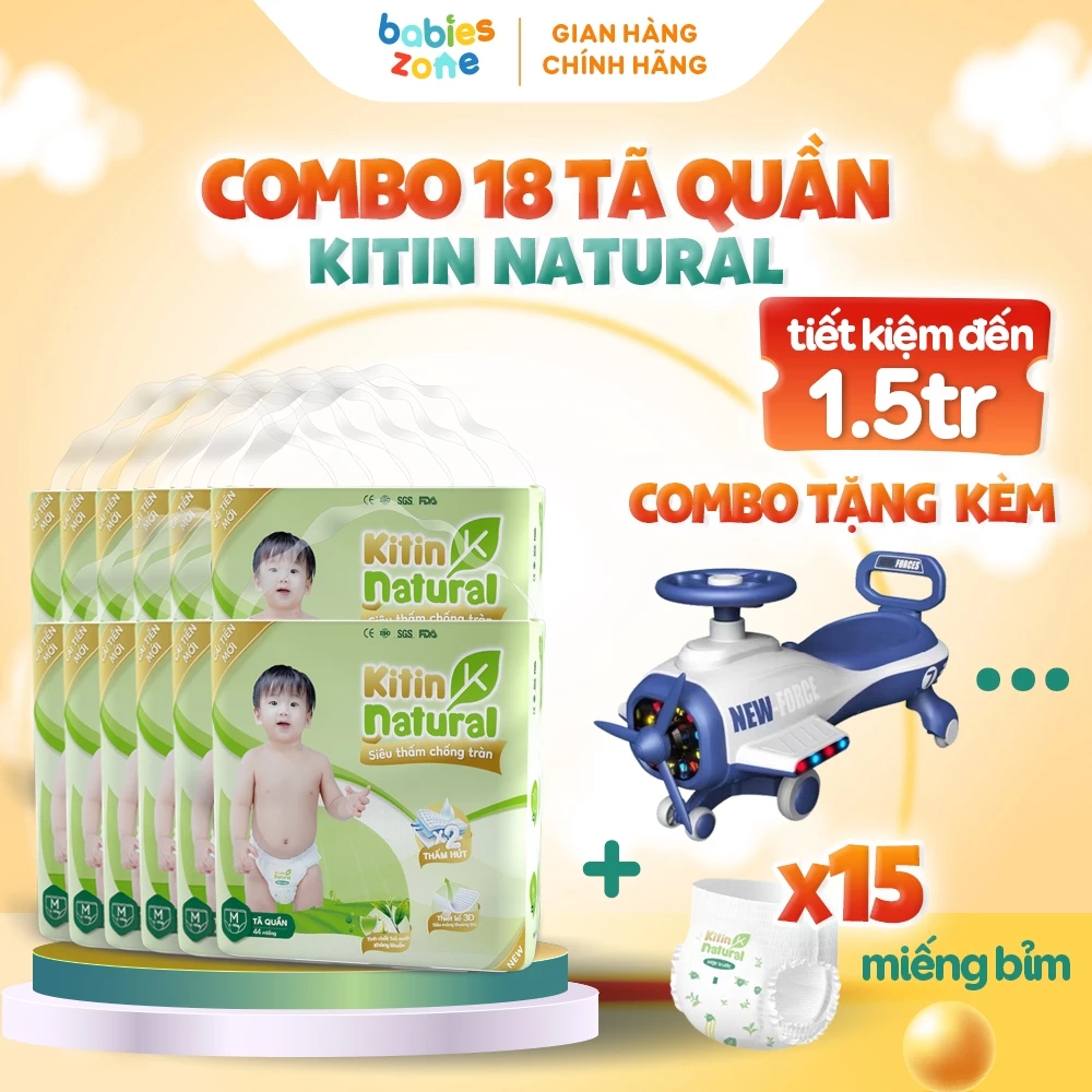 [Combo 18 Bịch + Quà] Tã Bỉm Quần Kitin Natural đủ size thương hiệu Việt thấm hút tốt, chống tràn, siêu mềm mịn cho bé