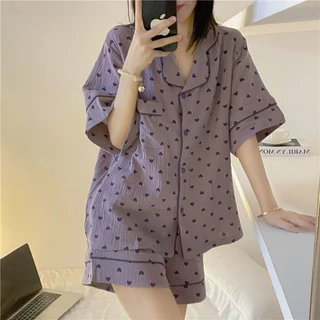 Đồ Bộ Ngủ Nữ Mặc Nhà Tay Ngắn Phong Cách pyjama Hàn Quốc Chất Liệu Đũi Xốp Gân Mềm Mịn , Thoáng Mát Chống Bai Nhão